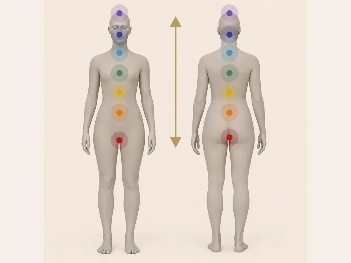 Manequins de frente e de costas representando o fluxo de energia dos chakras