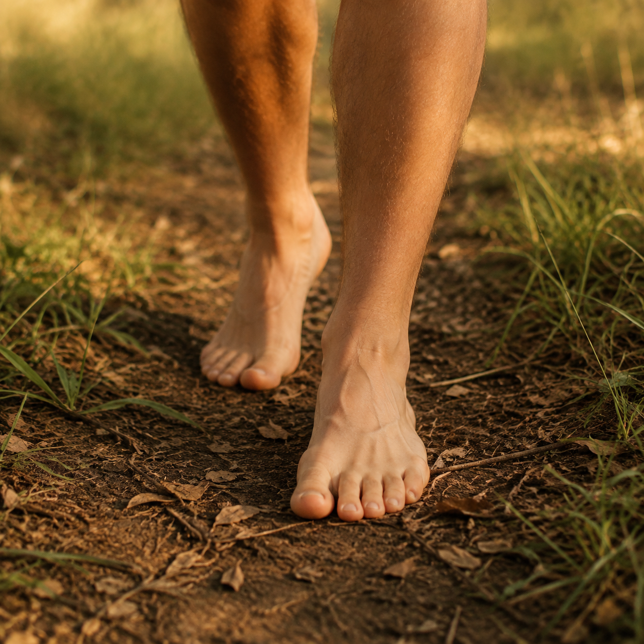 Pés descalços caminhando em contato direto com a terra