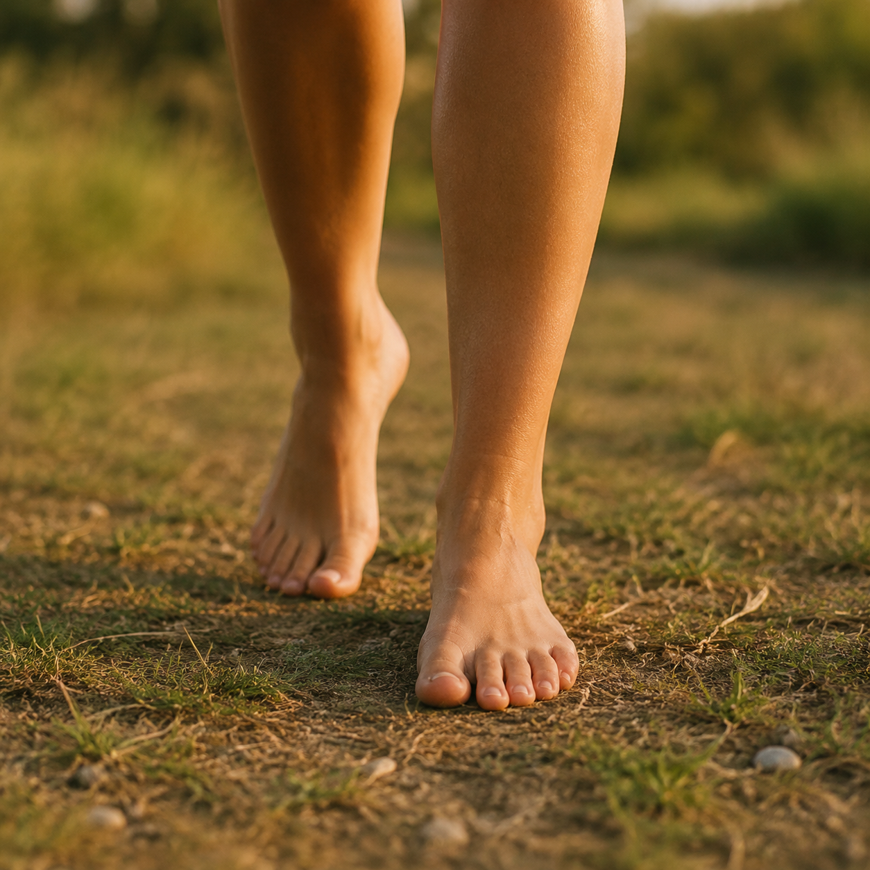 Pés descalços caminhando sobre a grama e a terra