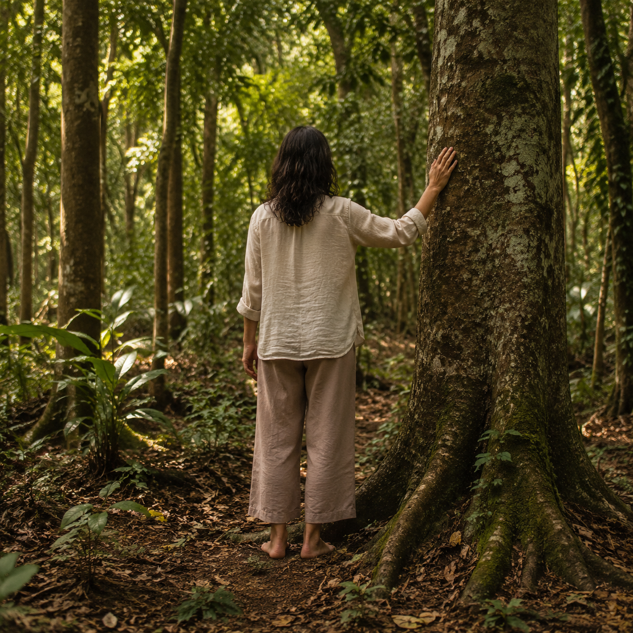 Pessoa descalça cercada pela natureza e tocando uma árvore